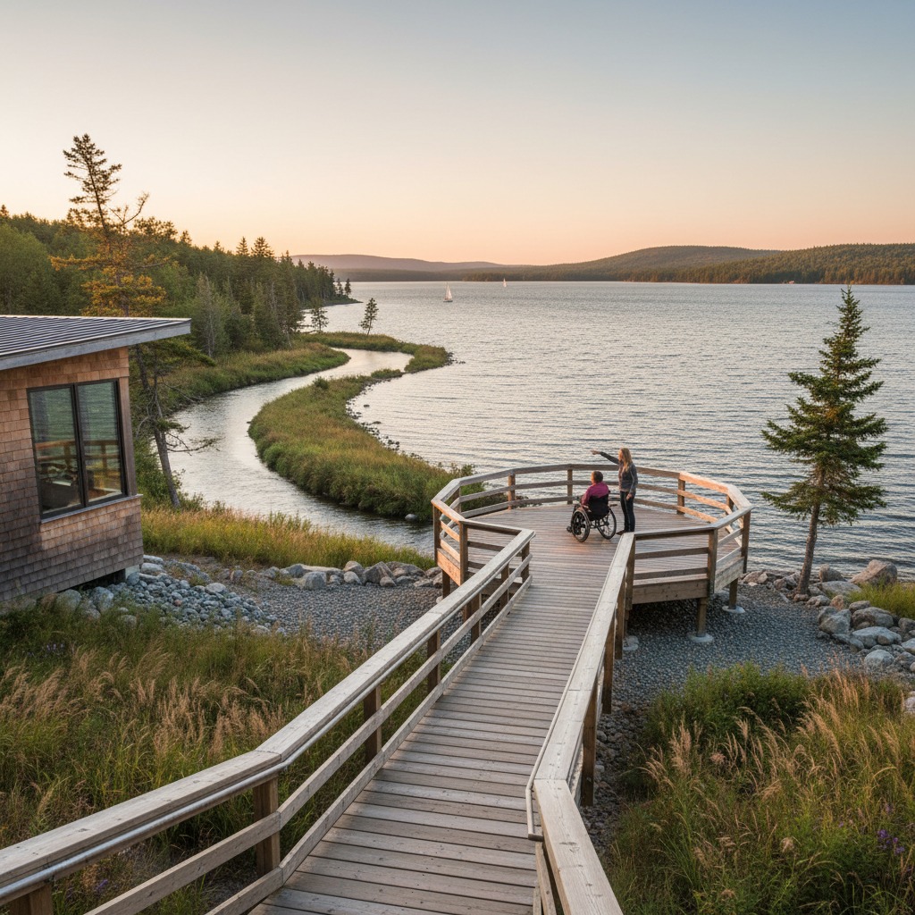 Well-maintained waterfront home with accessible pathway and ramp