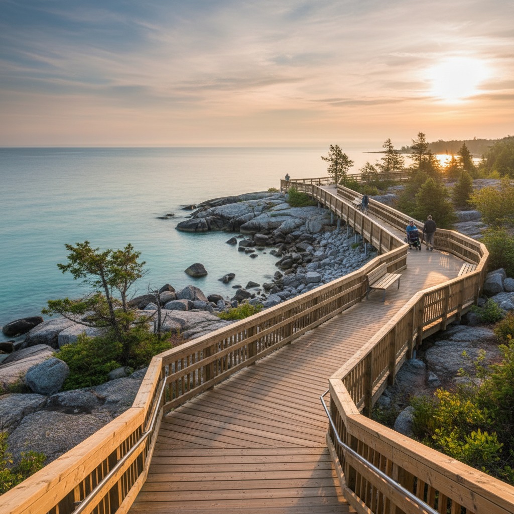 Wide accessible boardwalk leading to a waterfront viewing area with benches