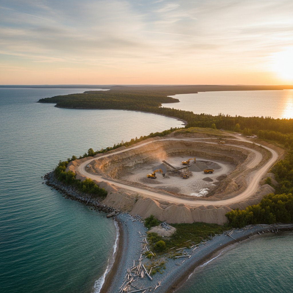 Gravel extraction pit near a waterway with heavy equipment