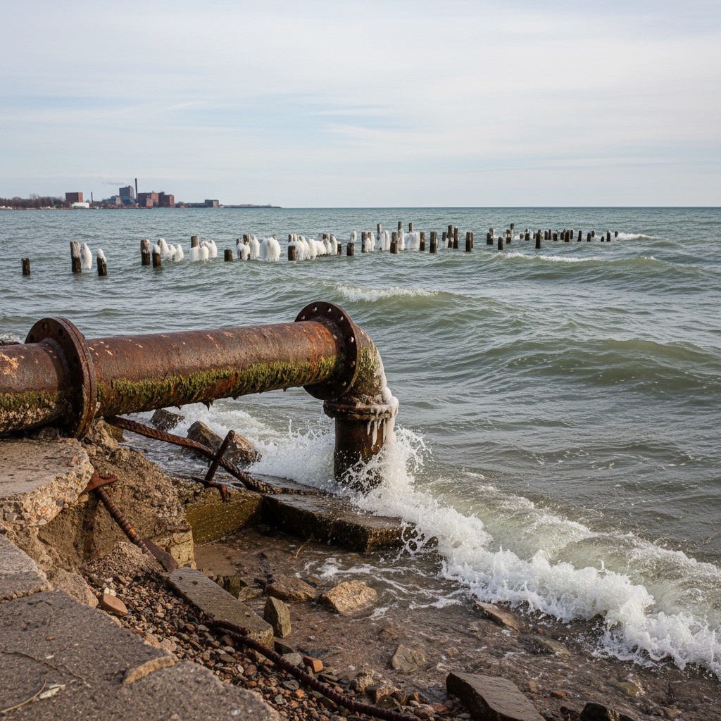 Exposed stormwater pipe at a waterfront outfall