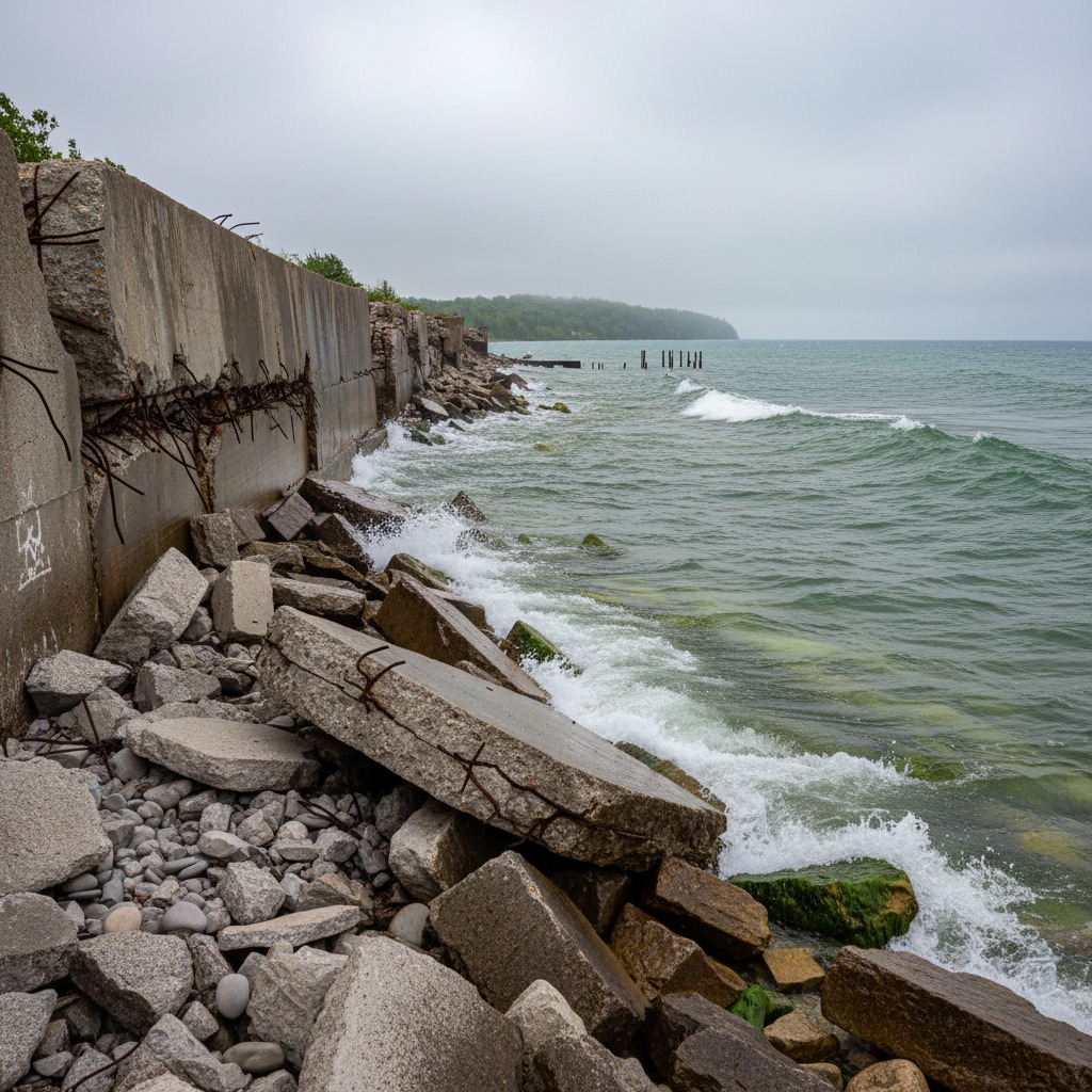 Deteriorating concrete seawall along a municipal waterfront