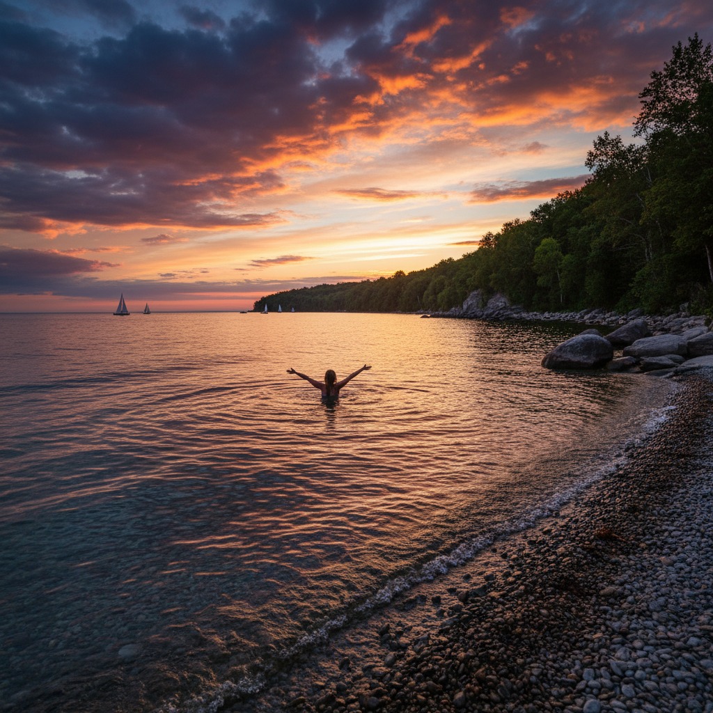 Quiet beach at sunset with calm water reflecting orange and pink sky