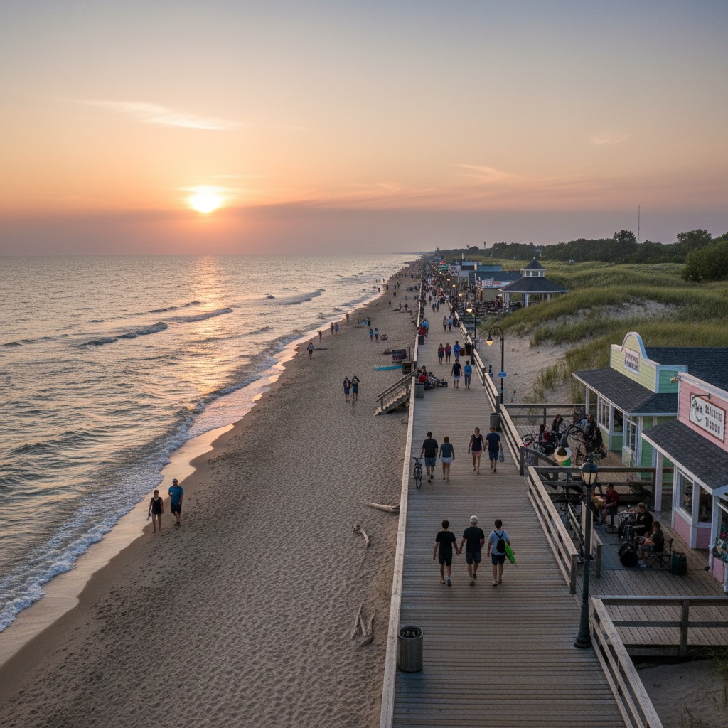 Boardwalk at an Ontario beach town with shops and restaurants on a summer day