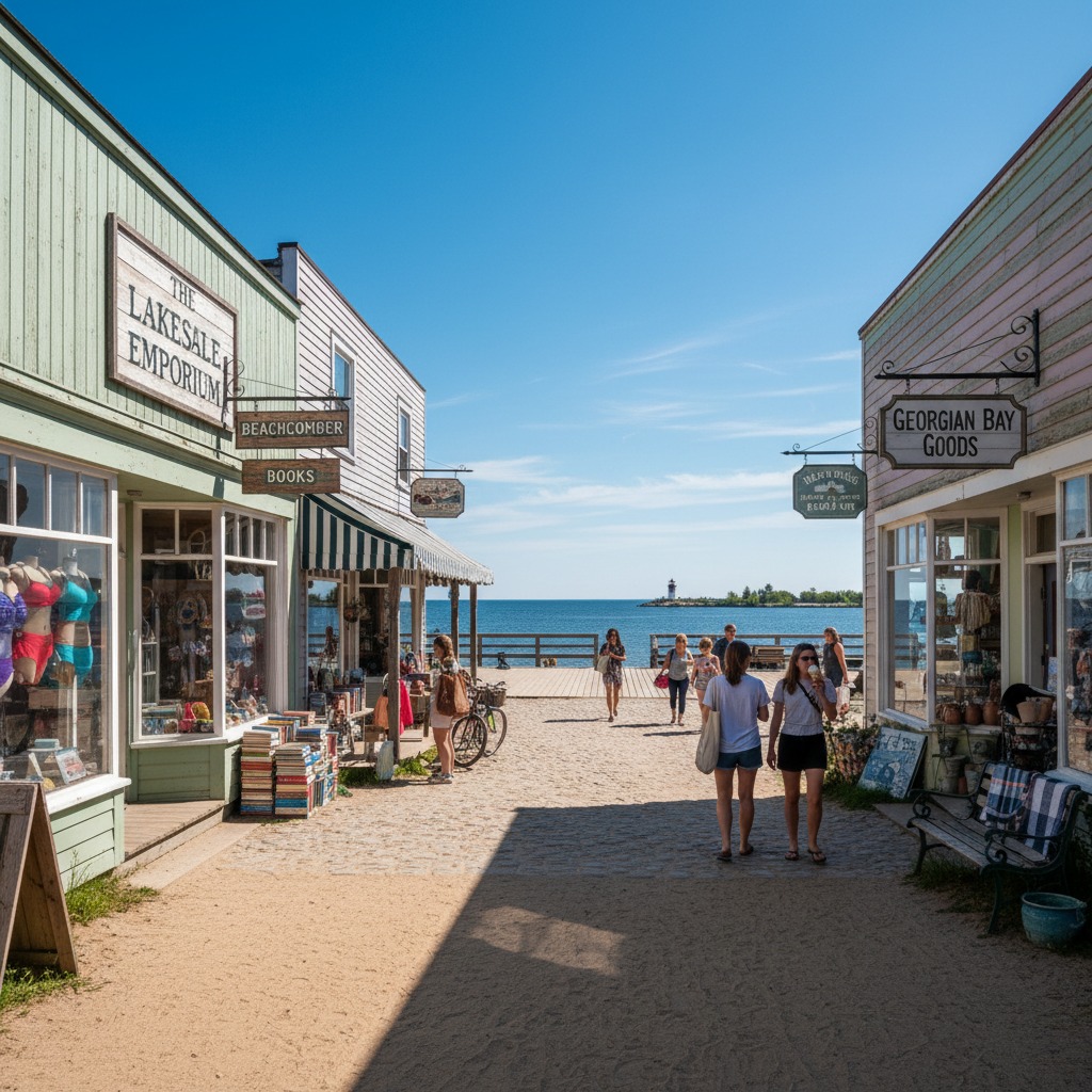 Colourful shops and cafes in a small Ontario beach town