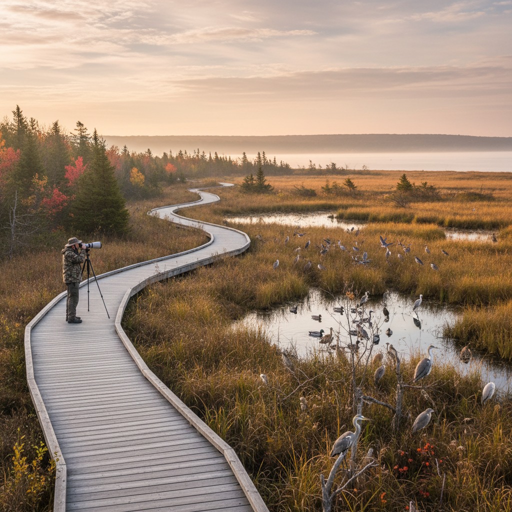 Boardwalk through a cattail marsh with binoculars and birdwatching setup
