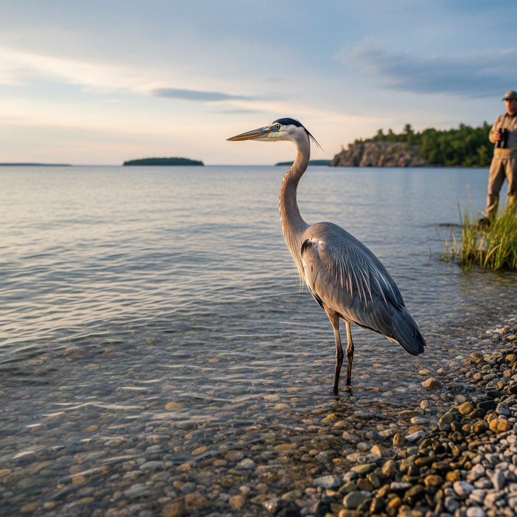 Great blue heron standing in shallow water along a marshy shoreline