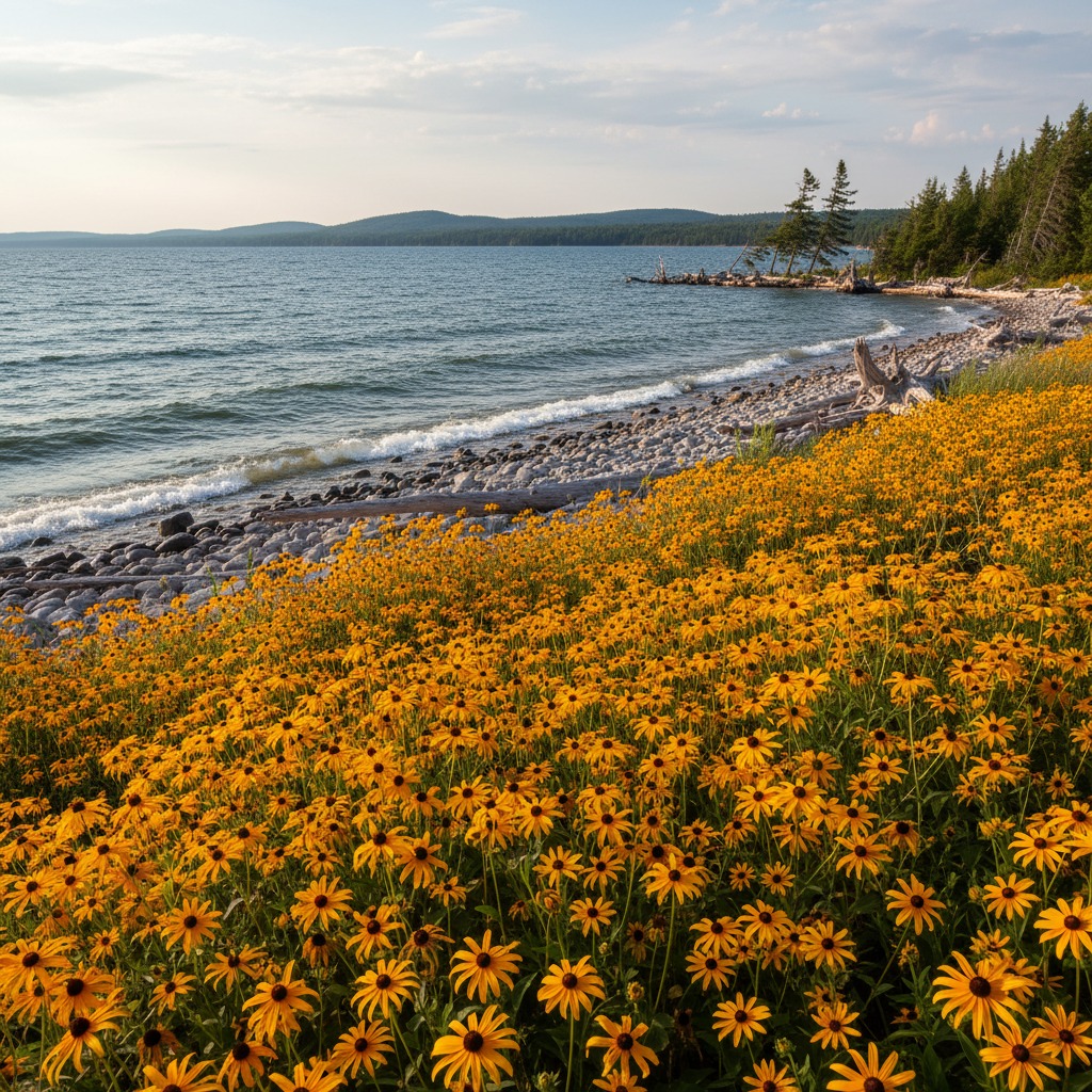 Black-eyed Susan flowers blooming in a native shoreline garden
