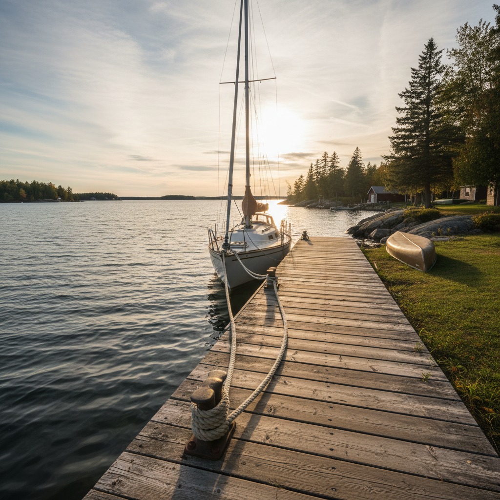 Motorboat tied to a wooden dock on a tranquil lake