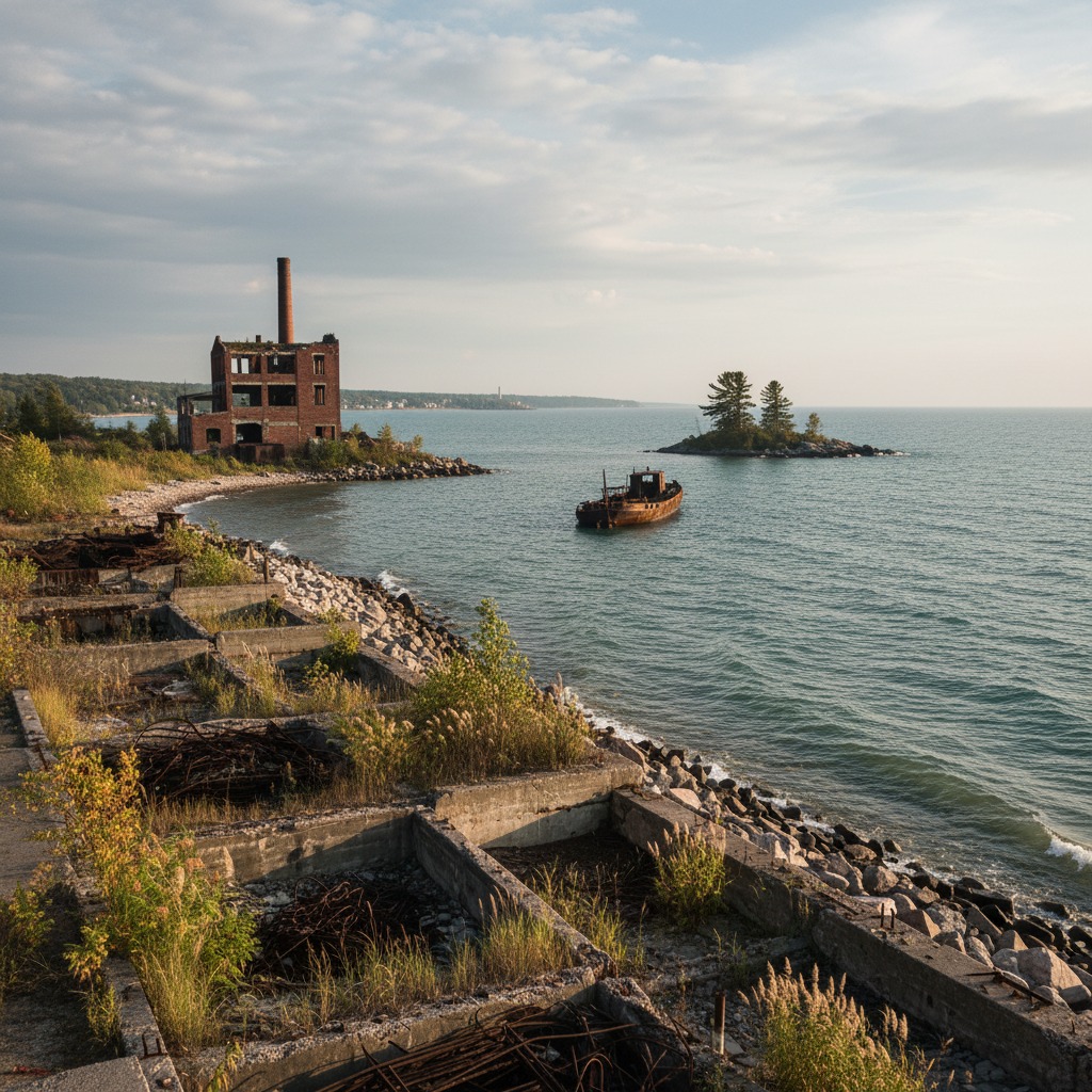 Abandoned industrial building on a waterfront site awaiting redevelopment