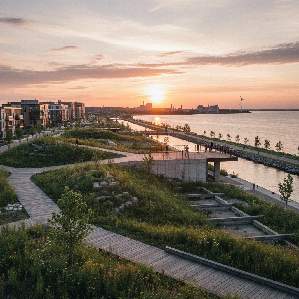 Modern waterfront development built on a former industrial site
