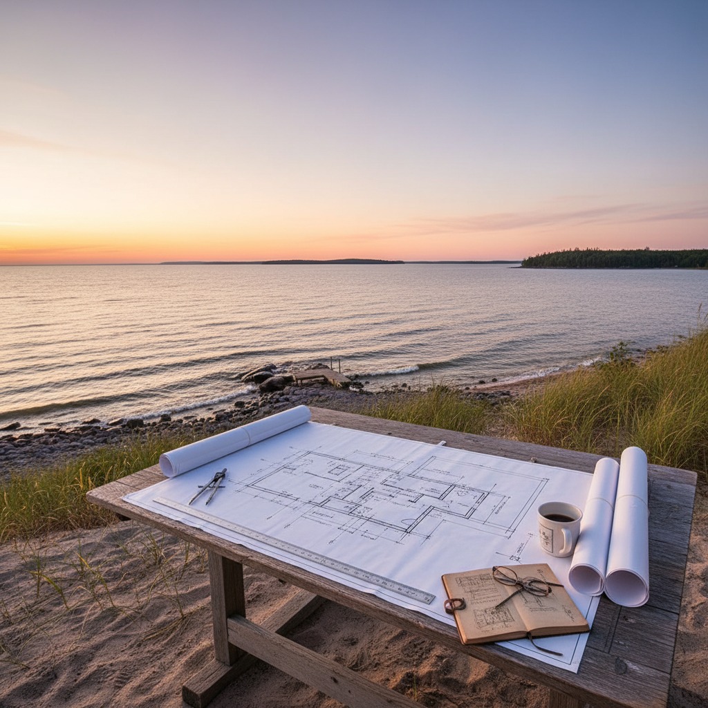 Architectural blueprints and building plans on a construction desk