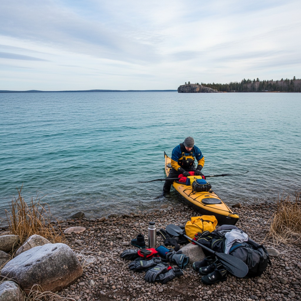Paddling safety gear laid out including dry suit, PFD, paddle float, and emergency whistle