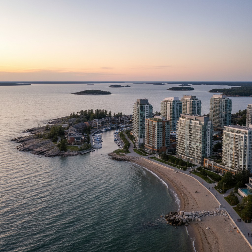 Modern condominium towers along a waterfront at dusk