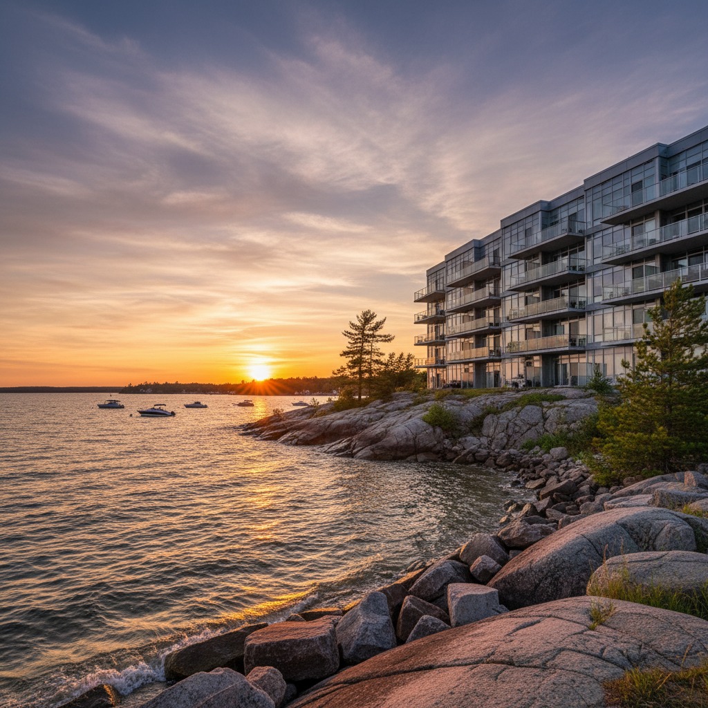 Sunset view over a lake from a waterfront development area