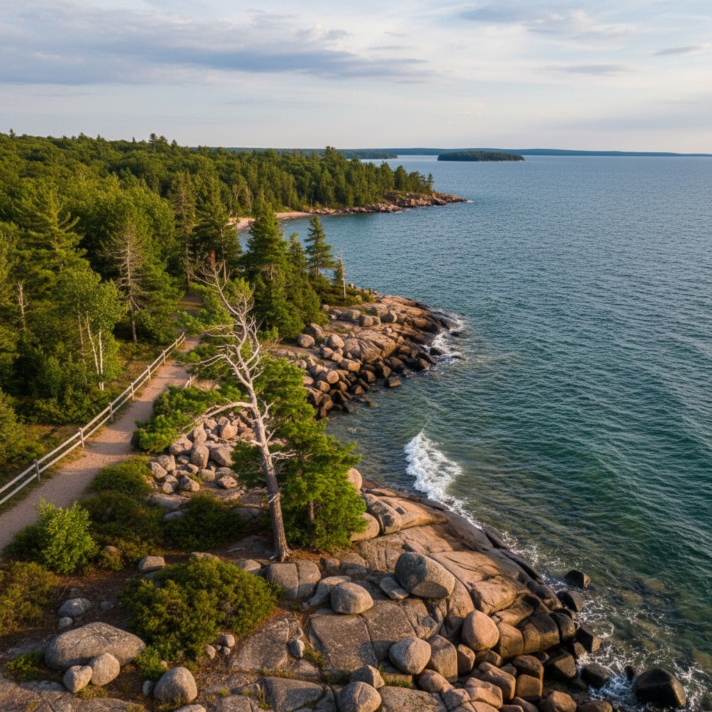 Natural rocky shoreline with vegetation buffer protecting the bank
