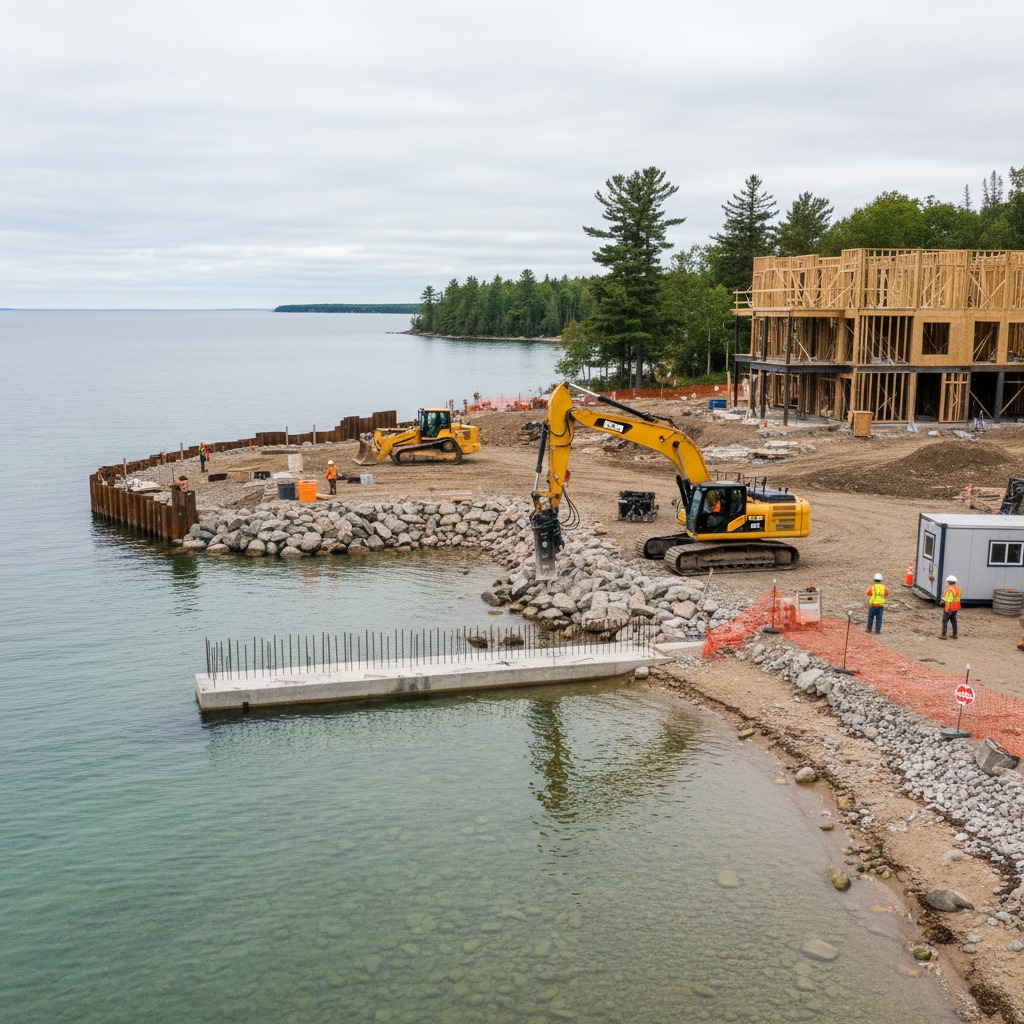 New construction project near a waterfront with building materials on site