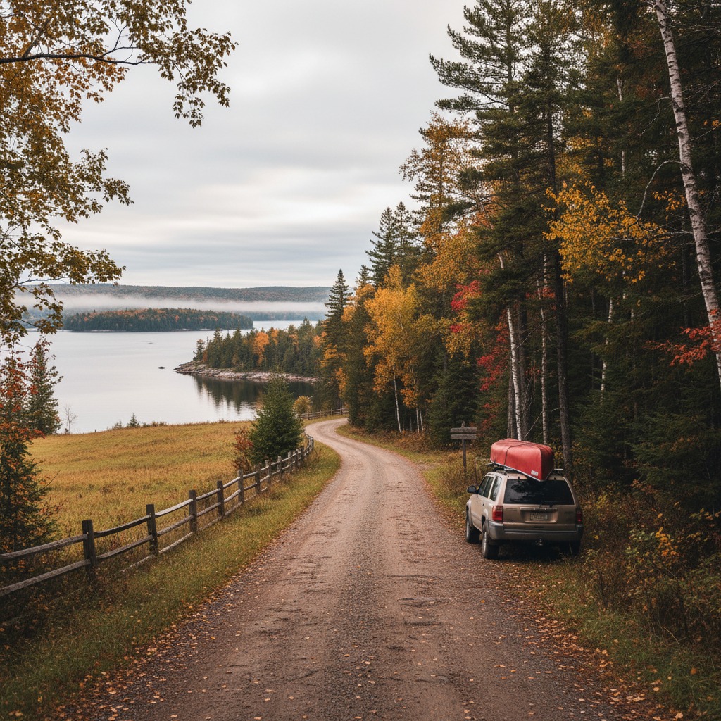 Winding gravel road through autumn forest leading to cottage country