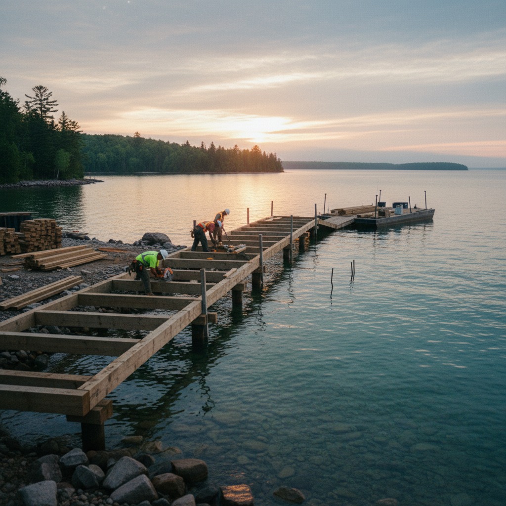 Dock pilings and construction materials near a lake shoreline
