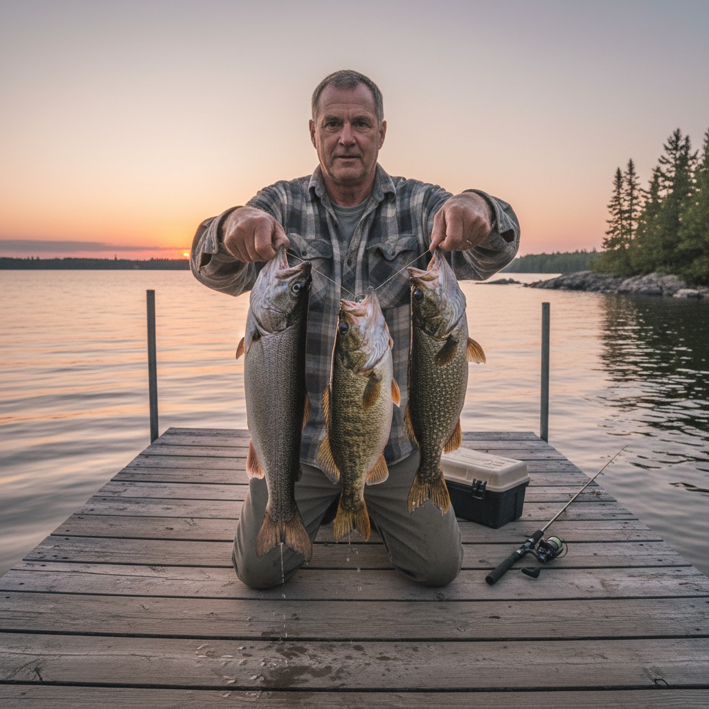 Smallmouth bass being held up on a dock with a lake in the background