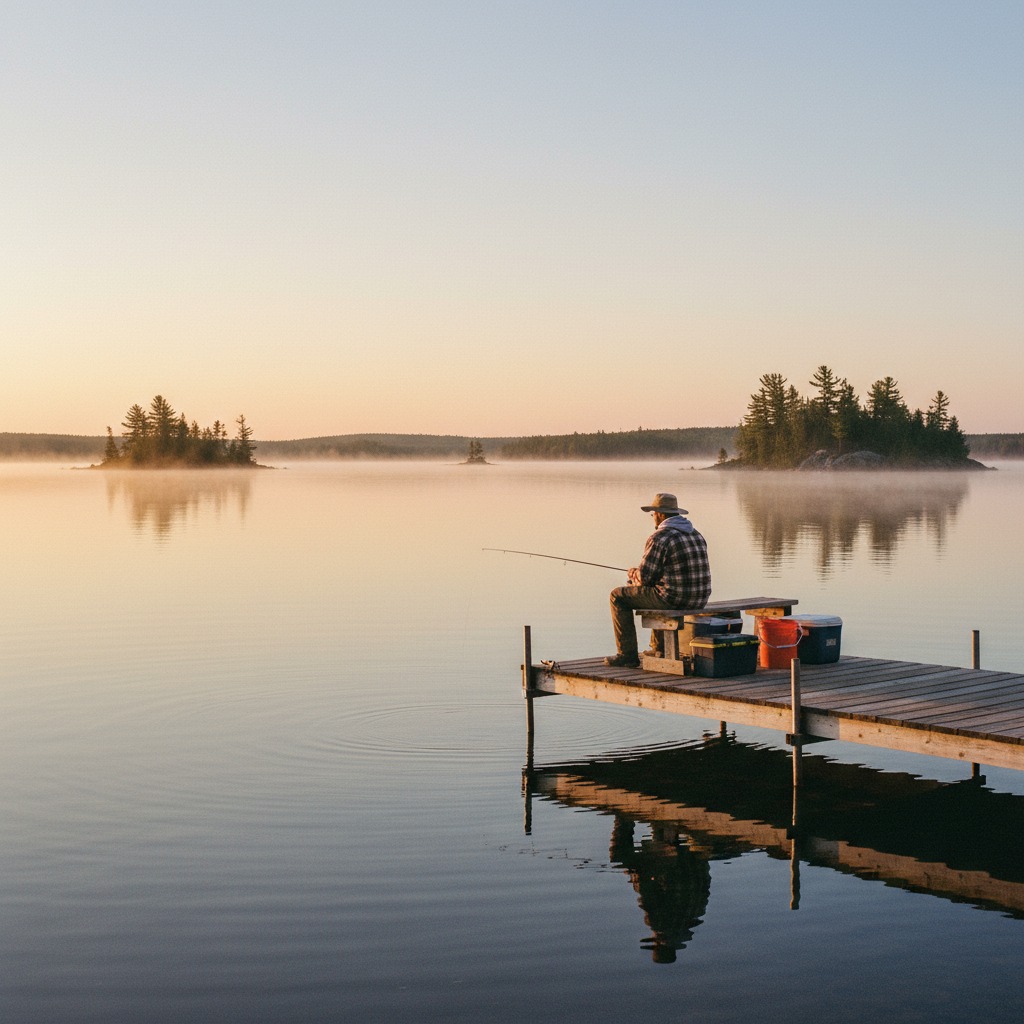 Fishing rod propped on a dock railing overlooking calm morning water on a lake