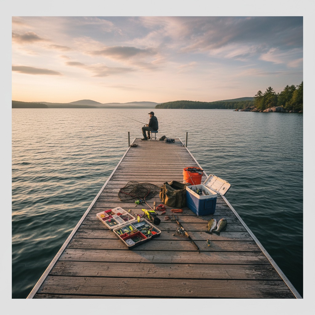 Close-up of fishing tackle box on a dock with lures, hooks, and a rod beside it