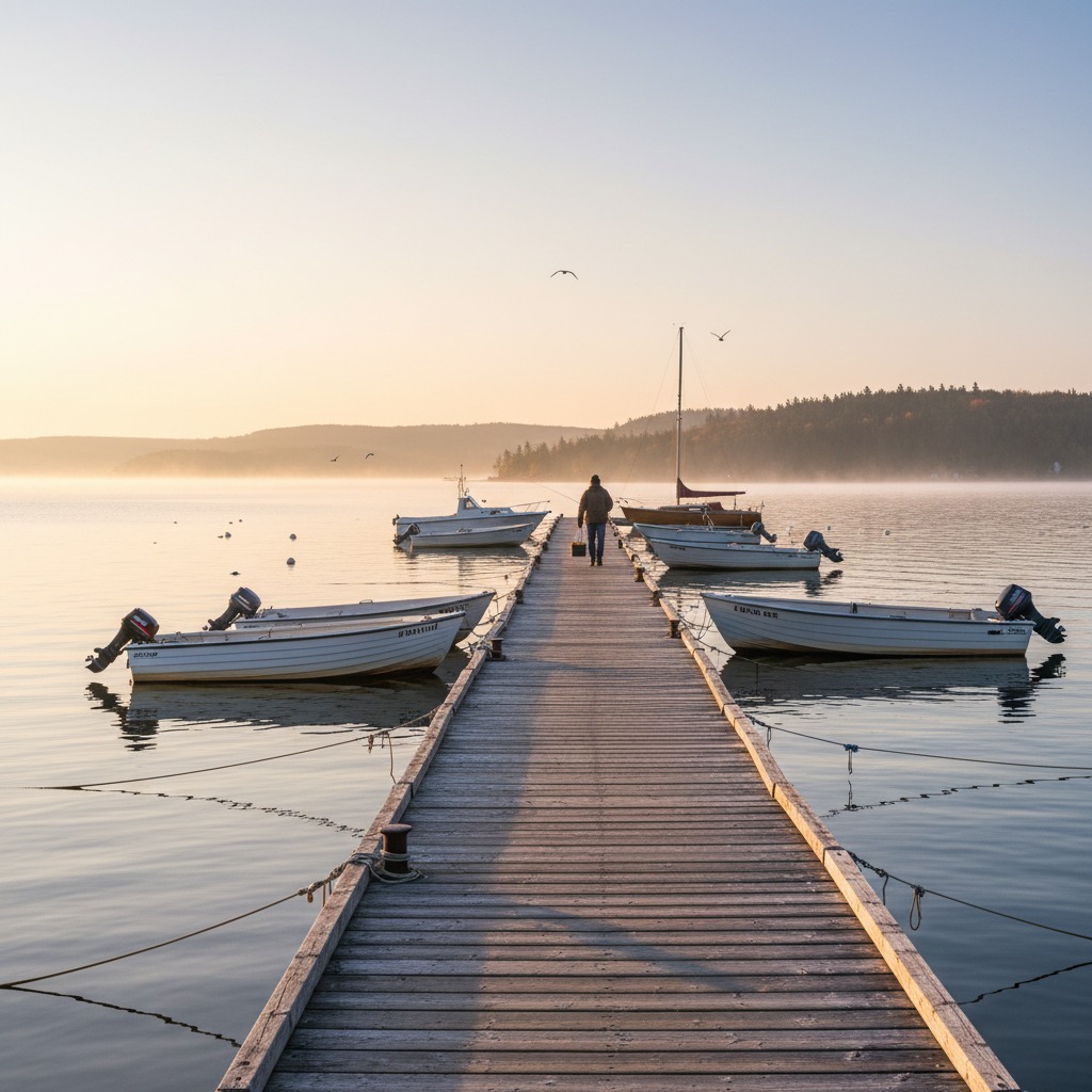 Wooden dock in a small harbour with boats moored on both sides