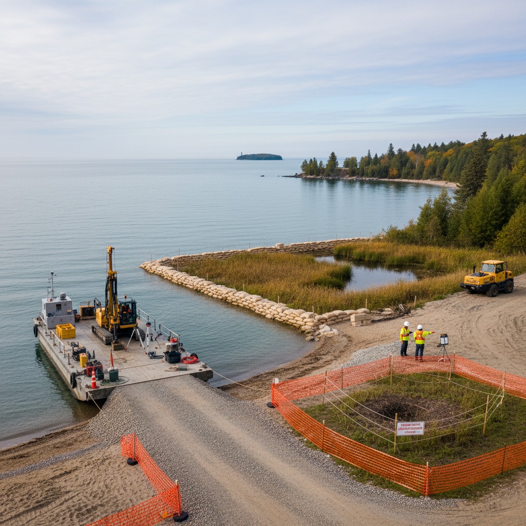 Construction equipment working near a waterfront development site