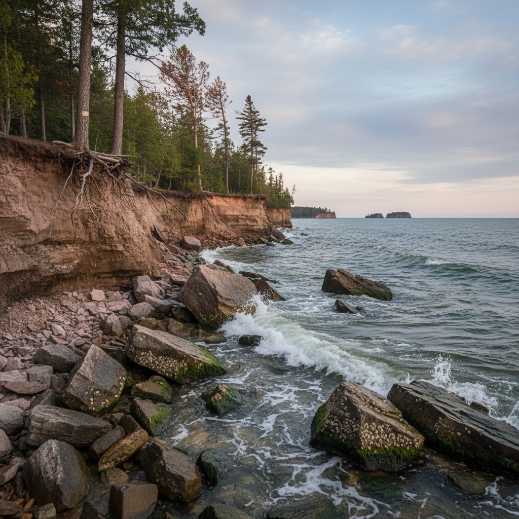 Eroded bluff along a lake shoreline showing exposed soil and roots