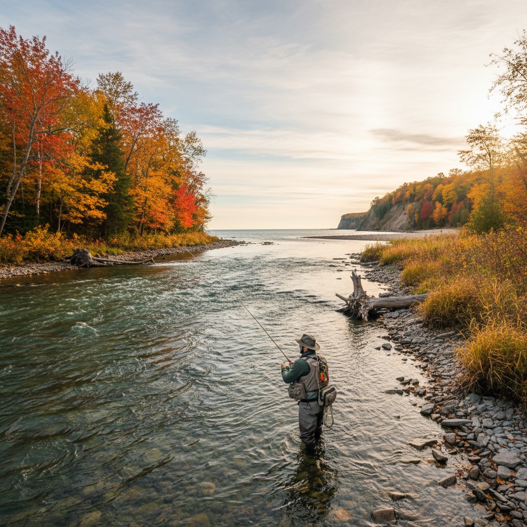 Angler fishing in a tree-lined river during autumn with colourful foliage overhead