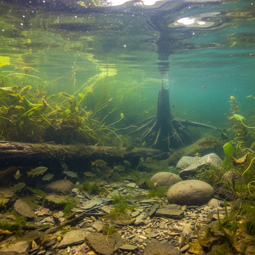 Underwater view of a freshwater fish swimming near submerged aquatic vegetation