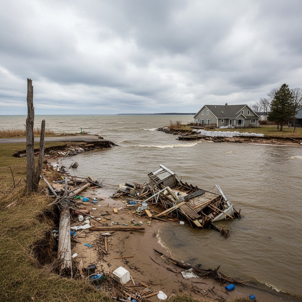 Waterfront landscape with rising water levels approaching residential areas