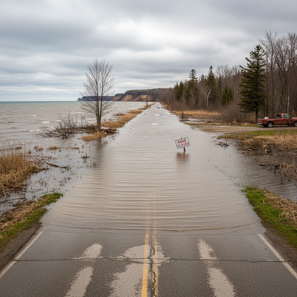 A flooded road in spring with water covering the pavement in a riverside community