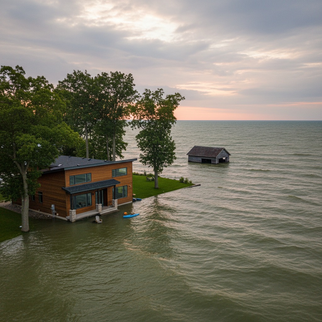 Flooding around a residential waterfront property after heavy rain