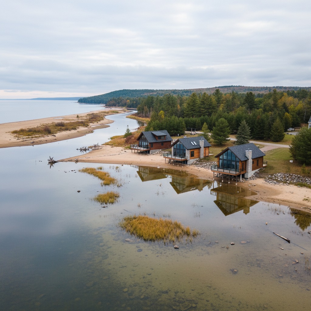 Waterfront homes along a lake with potential flood exposure