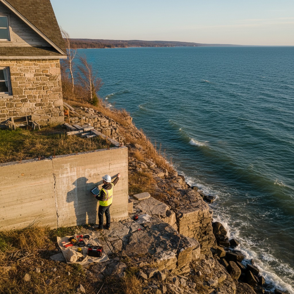 Interior of a well-lit waterfront home showing foundation and structural elements