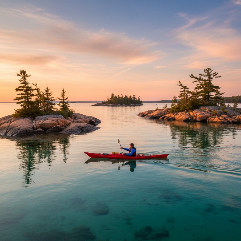 Kayak on the rocky shoreline of Georgian Bay with clear turquoise water