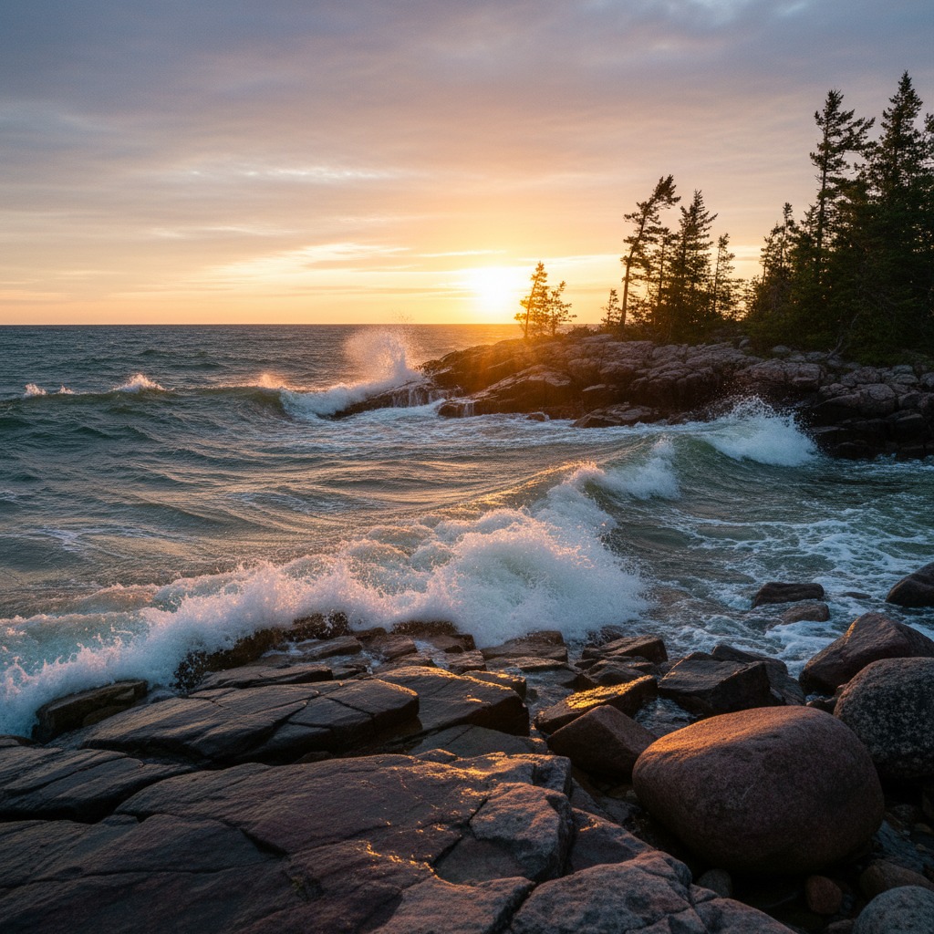 Waves crashing against a rocky Great Lakes shoreline during a storm