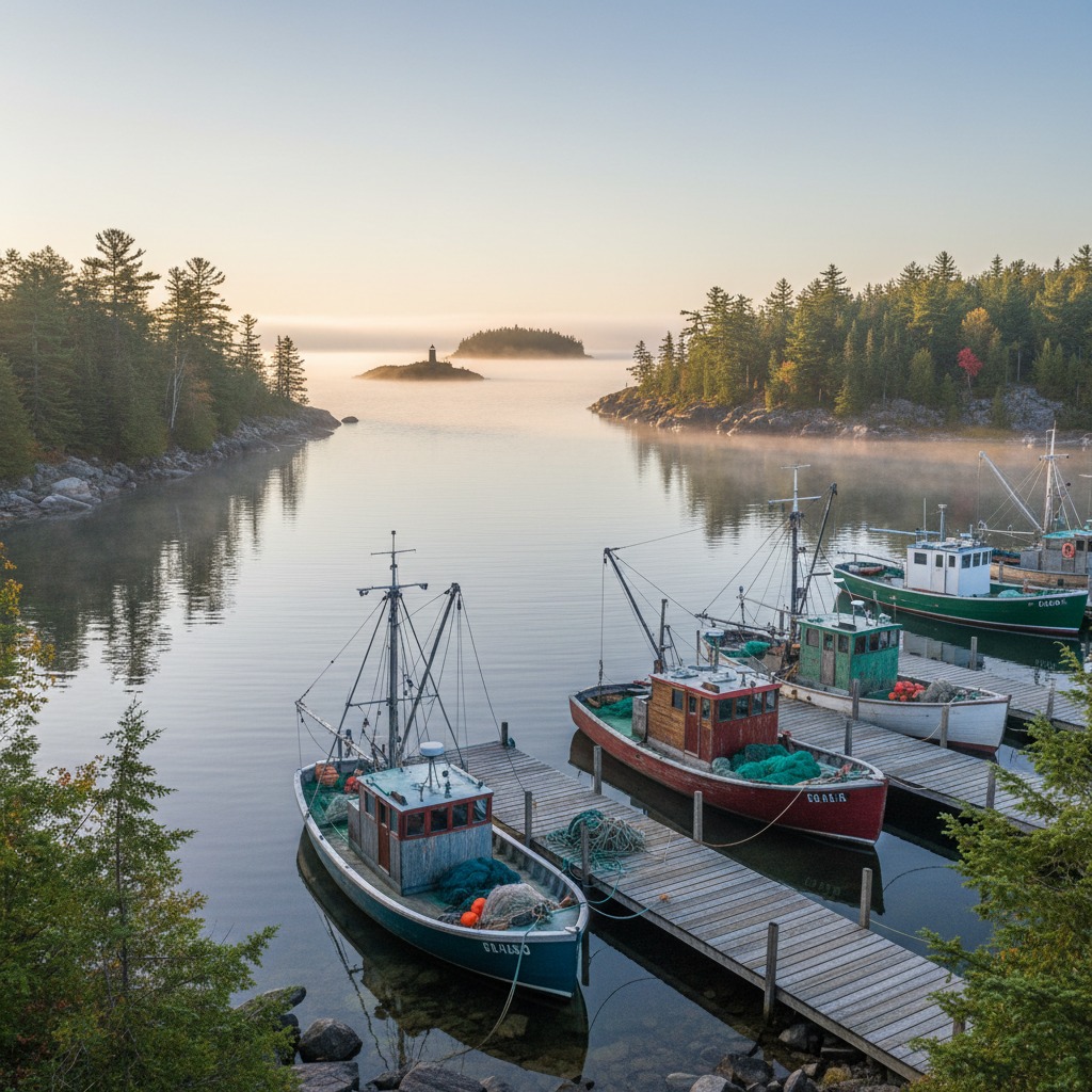 Fishing boats and small pleasure craft tied up in a working harbour