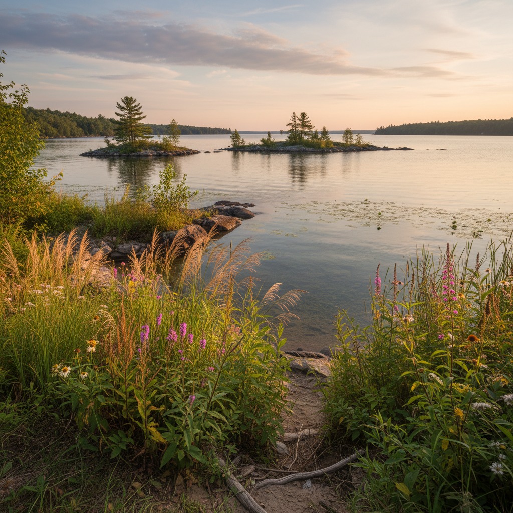 Healthy native vegetation and grasses thriving along a restored lakeshore