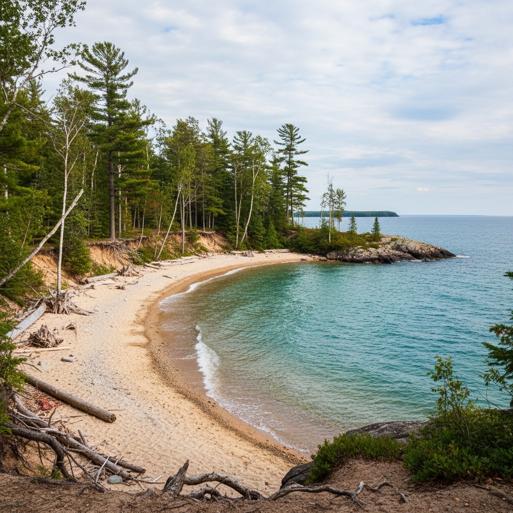 Secluded sandy beach on a quiet Ontario lake with clear shallow water