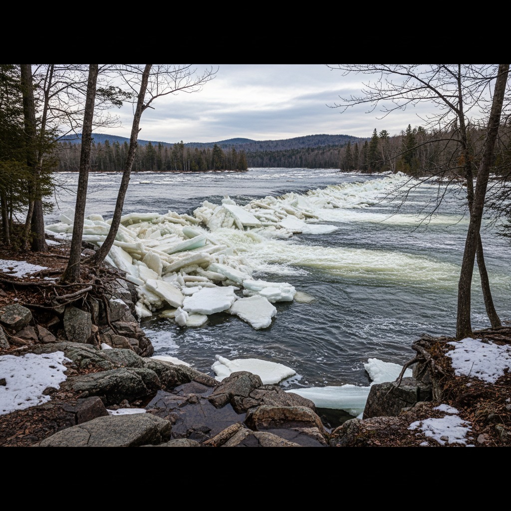 Ice breaking up on an Ontario river during the spring thaw