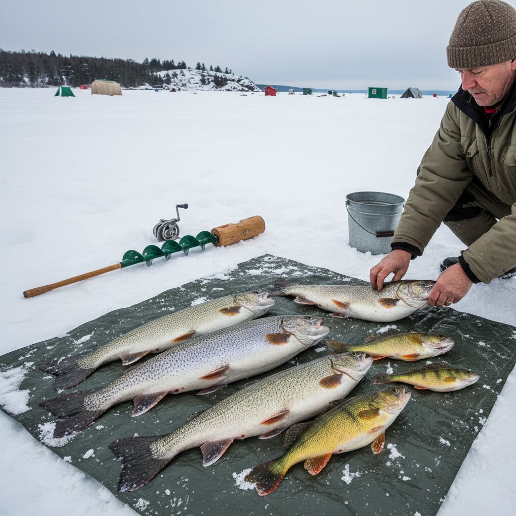 Close-up of a freshly caught perch on the ice beside a fishing hole