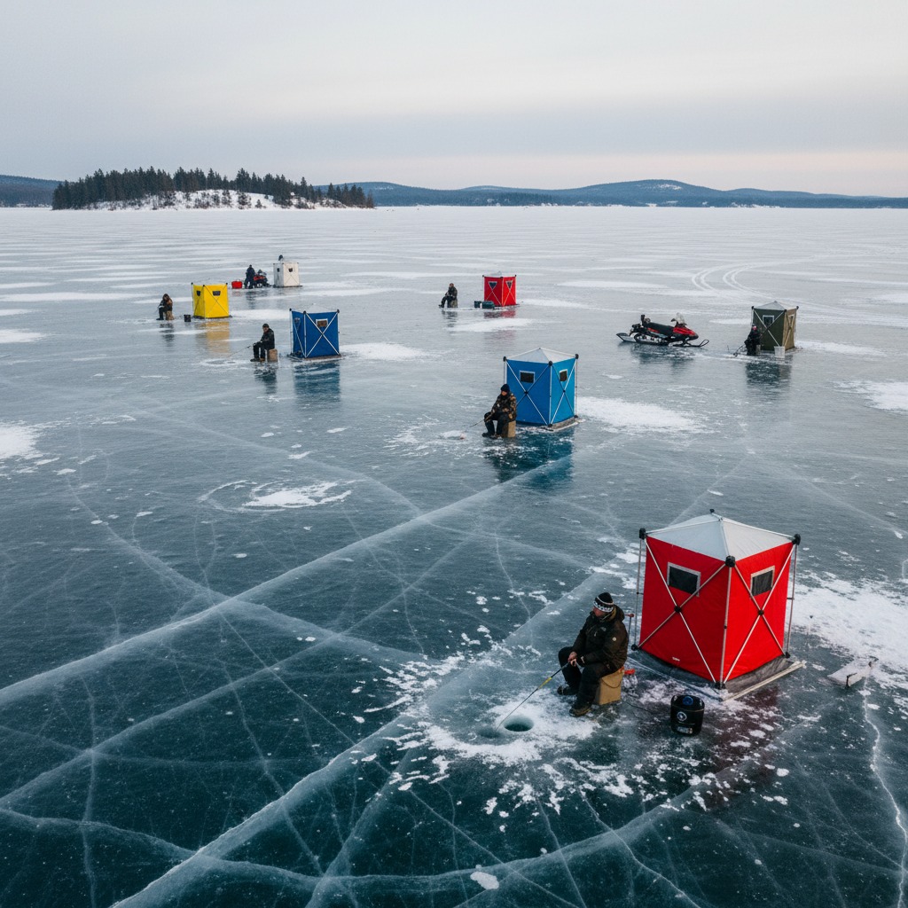 Wide view of Lake Simcoe in winter with scattered ice fishing huts across the frozen surface