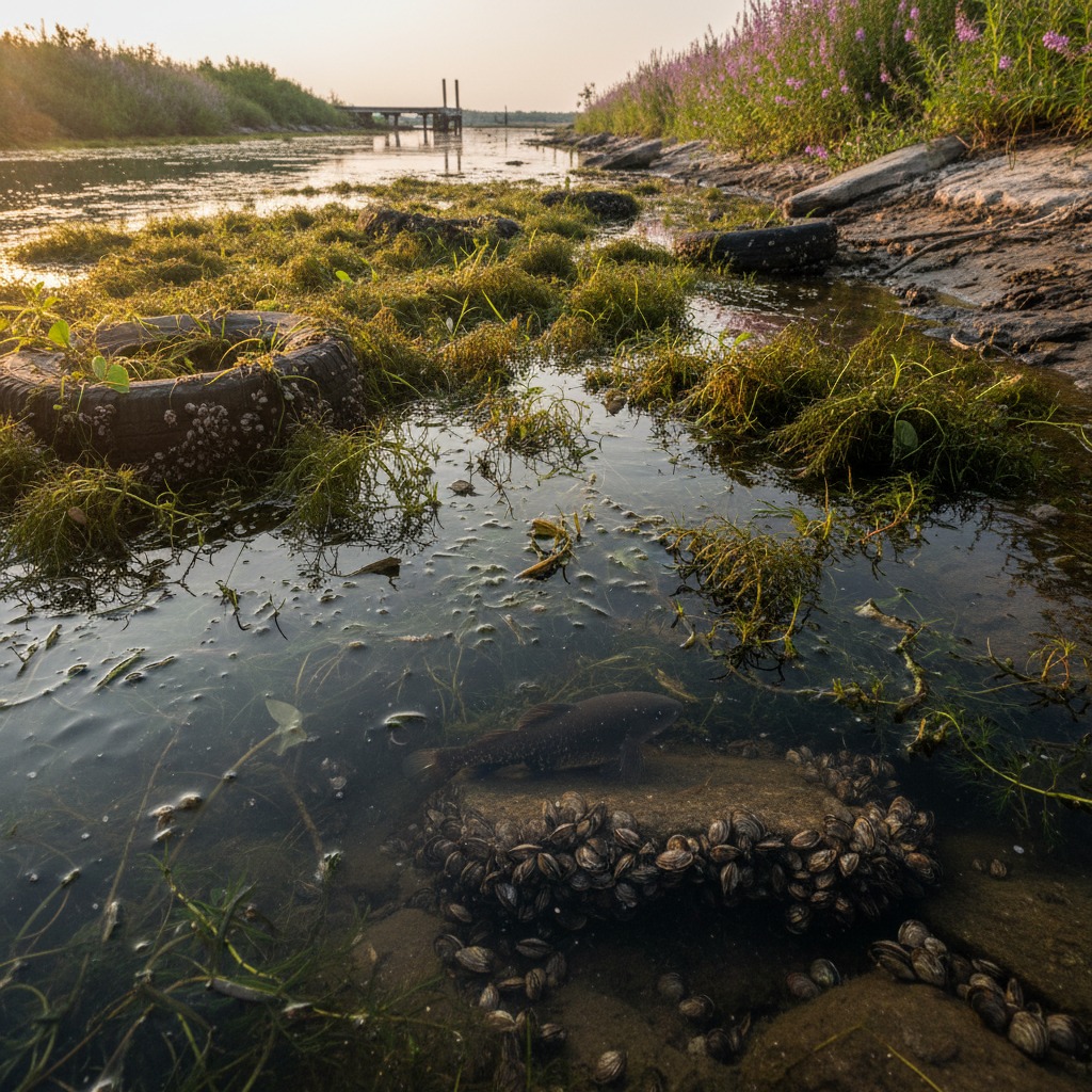 Clear Ontario waterway showing submerged aquatic vegetation along the shoreline