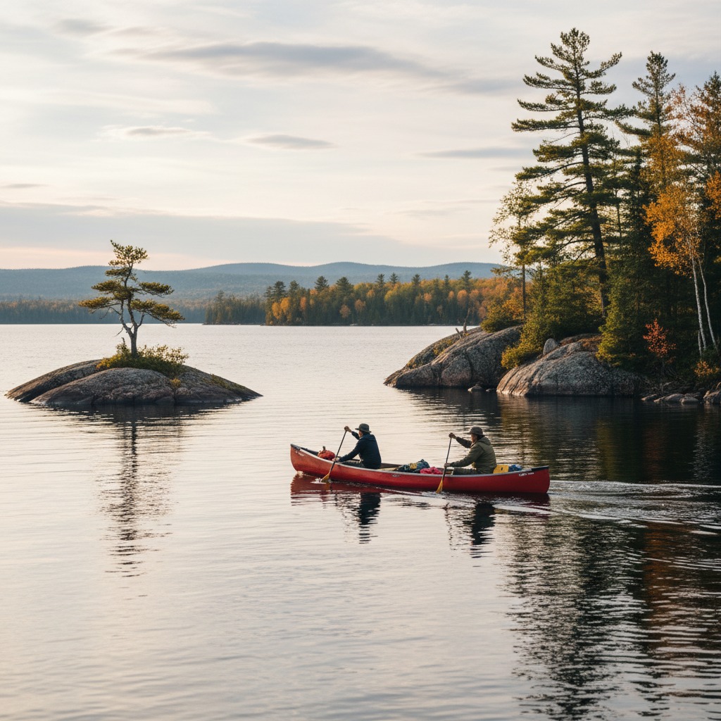 Canoeist paddling across a glassy Kawartha lake at sunrise with mist on the water