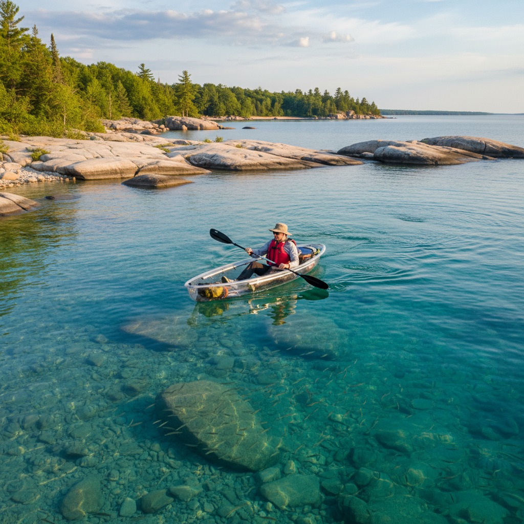 Kayaker paddling through crystal-clear water with rocky bottom visible beneath
