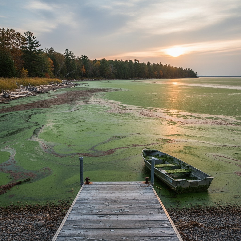 Green algae bloom visible on the surface of Lake Erie near the shoreline