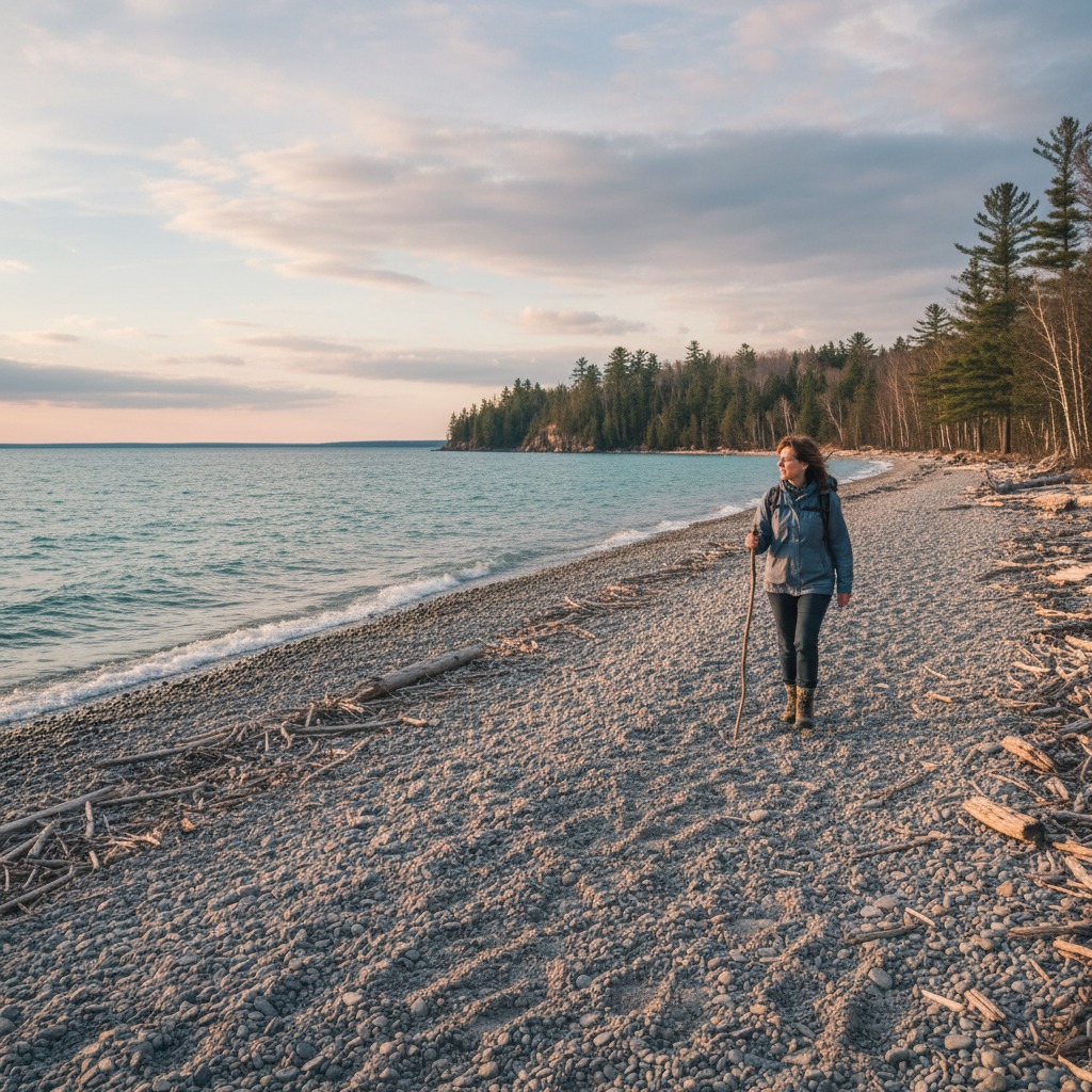 Two people walking along a wide sandy Lake Huron beach at low tide with gentle waves