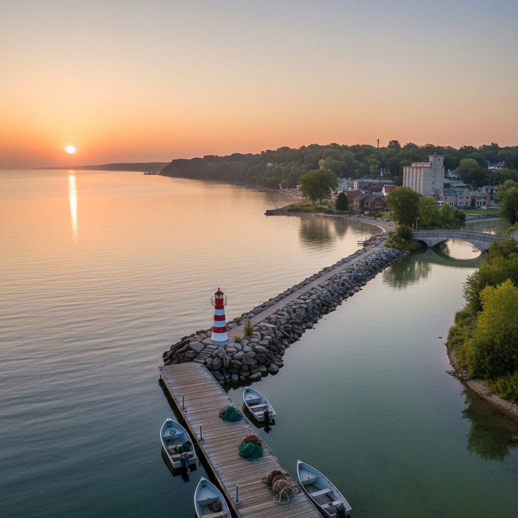 Goderich harbour on Lake Huron with the town visible on the bluff above