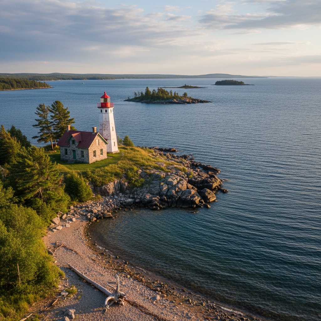 Historic white lighthouse on the Lake Huron shore with waves crashing nearby